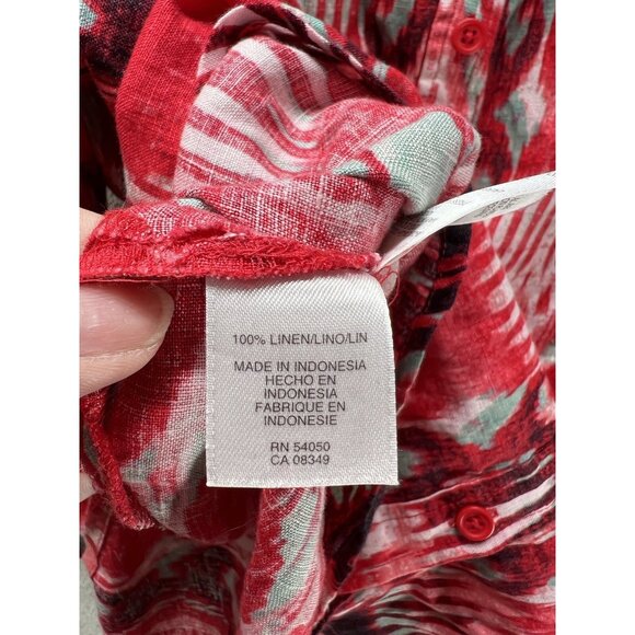 Jones New York Women’s XL Linen Button Top Red Abstract Aztec 3/4 Sleeve Blouse - Picture 3 of 5